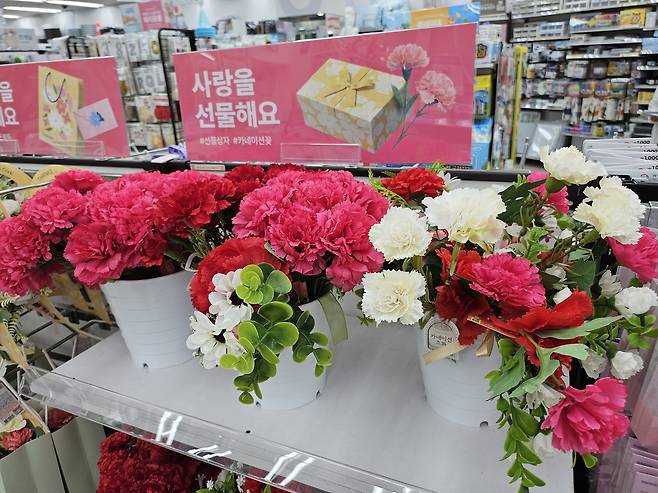 서울 한 생활용품점에서 판매하고 있는 카네이션 조화. 김광우 기자.