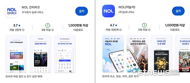 (왼쪽부터) NOL 인터파크 앱과 NOL 앱 설치 화면. 2012년 출시된 인터파크 앱은 2024년 말 야놀자 플랫폼과 인터파크트리플의 합병 법인 '놀유니버스' 출범 후 3개월 뒤 'NOL 인터파크'로 리브랜딩됐다. 놀유니버스는 오는 27일부로 NOL 인터파크 앱을 종료하고, NOL 인터파크에 분산돼 있던 서비스를 NOL에서 제공할 예정이다. [사진=구글플레이 앱 갈무리]