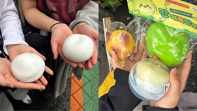 최은송(17)양과 박려은(17)양이 문구·완구거리에서 산 4000원짜리 ‘빅우유빵 말랑이’(왼쪽)와 권소린(27)씨가 산 1만원 어치의 장난감들. 곽주영 기자