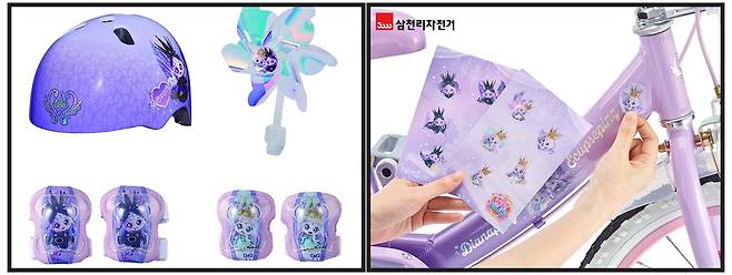 레전드 티니핑 자전거 용품(좌), DIY 캐릭터 스티커 (우)