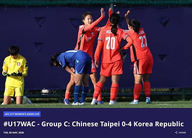 골을 넣고 기뻐하는 한국 선수들(오른쪽). /사진=AFC 공식 홈페이지 갈무리