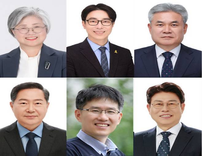 왼쪽부터 강미애, 김인엽, 안광식, 아랫줄 왼쪽부터 원성수, 정일화, 임전수 세종시교육감 예비후보. (사진=선거관리위원회 제공 자료 재구성)