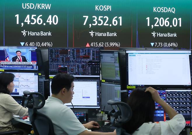 코스피가 장중 7000포인트를 돌파한 6일 서울 중구 하나은행 딜링룸 전광판에 코스피 지수가 표시돼 있다. 2026.5.6 ⓒ 뉴스1