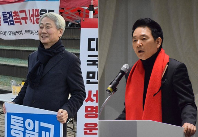 김근식 국민의힘 서울 송파병 당협위원장이 지난 2월 지역구에서 더불어민주당을 겨냥한 통일교 뇌물 특검 촉구 서명운동을 벌이는 모습(왼쪽), ‘DJ 최측근 출신’ 장성민 국민의힘 전 의원이 경기 안산갑 당협위원장 재임 기간 활동할 당시 모습(오른쪽). [김근식 경남대 정치외교학부 교수·장성민 전 국회의원 페이스북 사진 갈무리]