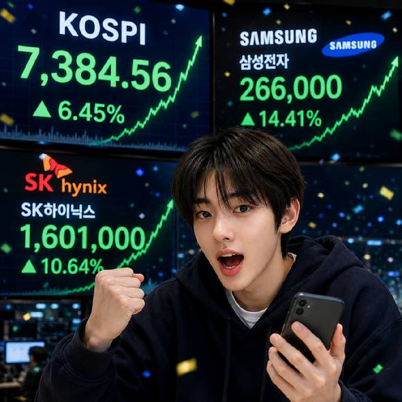 코스피가 사상 첫 장중 7400선을 돌파하자 증권가에서는 목표치를 최대 8600선까지 올려 잡으며 '코스피 1만 시대' 가능성까지 나오고 있다. 사진은 AI 생성 이미지로, 본 기사 내용과 무관. [사진=챗GPT]