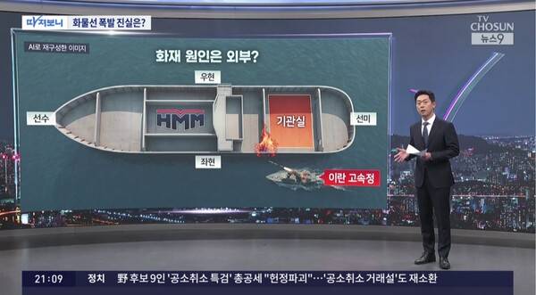 ▲황병준 TV조선 기자가 5일 뉴스9 스튜디오에 출연해 전날 호르무즈 해협에서 화재가 발생한 HMM 나무호를 두고 이란 고속정의 조준사격 가능성을 제기하고 있다. 사진=TV조선 뉴스9 영상 갈무리