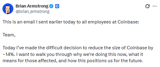 브라이언 암스트롱 코인베이스 최고경영자(CEO)가 자신의 엑스(X·옛 트위터) 계정을 통해 전체 인력의 약 14%를 감원한다는 내용의 사내 서한을 공개했다. [사진 = 엑스]