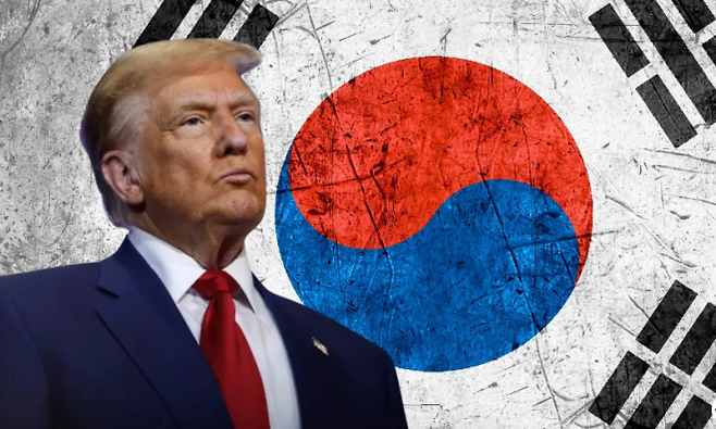 도널드 트럼프 미국 대통령과 대한민국 국기와 자료사진. AI 합성 이미지