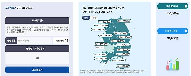 도수치료 전국 중앙·최저 가격 [비급여 정보 포털 화면 갈무리]