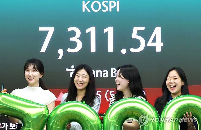 '꿈의 7천피' (서울=연합뉴스) 최재구 기자 = 코스피가 7천을 돌파한 6일 서울 중구 하나은행 본점 딜링룸에서 직원들이 축하 세리머니를 하고 있다. 2026.5.6 jjaeck9@yna.co.kr