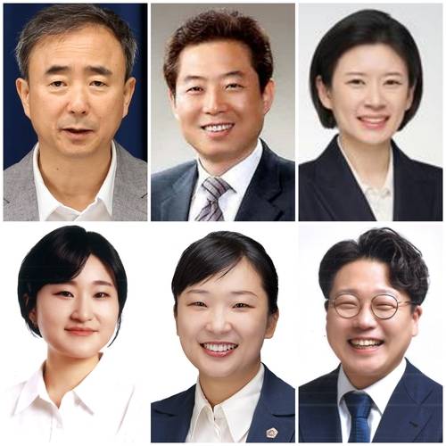 광주 광산을 국회의원 보궐선거 출마자 예상 후보군  왼쪽 위쪽부터 민주당 임문영, 국힘 안태욱, 혁신당 배수진, 기본소득당 신지혜. 진보당 전주연, 무소속 구본기 등 후보군. [중앙선관위 예비후보 등록 사진, 연합뉴스 자료사진]
