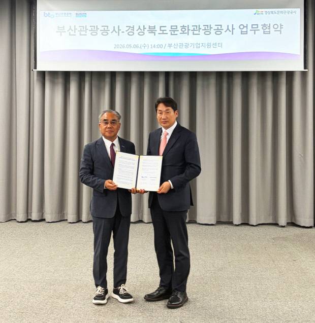경북관광공사 김남일 사장(오른쪽)과 부산관광공사 이정실 사장이 지난 6일 부산에서 영남권 관광의 글로벌 경쟁력을 강화하고 '초광역 관광 시대'를 열기 위한 초광역 관광 활성화를 위한 업무협약을 체결하고 기념촬영을 하고 있다. 경북관광공사 제공