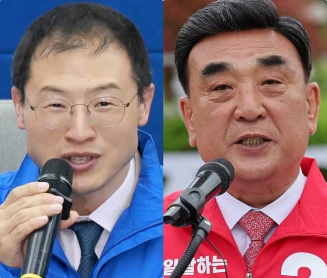 왼쪽부터 김상욱 더불어민주당 후보와 김두겸 국민의힘 후보. 연합뉴스
