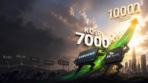 ChatGPT로 생성한 "반도체가 끌어올린 코스피 7000 장세를 표현하는 이미지. 그 외의 업종은 그림자가 드리워져 있다"