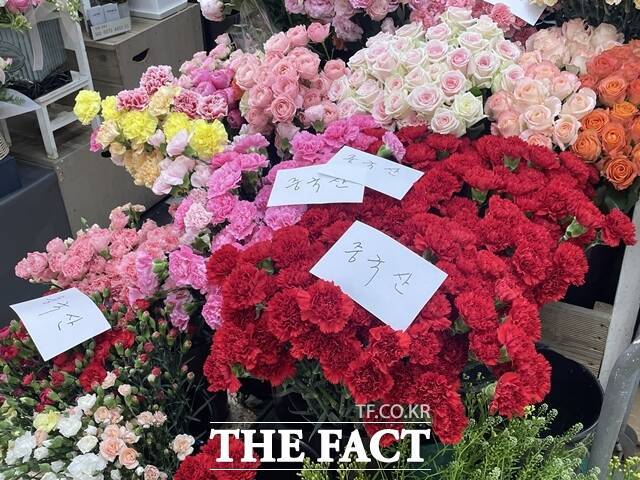 지난 6일 서울 서초구 양재꽃시장 매대에 중국산 카네이션이 놓여 있다. /진주영 기자