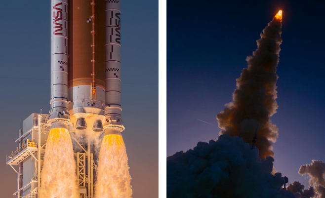 NASA SLS 추진체가 불꽃을 내뿜으며 오리온 우주선을 쏘아 올리고 있다.Andrew McCarthy,cosmicbackground.io 제공