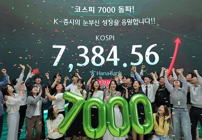 코스피가 사상 처음으로 종가 기준 7000선을 돌파하며 장을 마친 6일 오후 서울 중구 하나은행 딜링룸에서 딜러들이 축하 세리머니를 하고 있다. [이승환 기자]