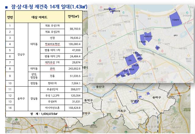 토지거래허가제 1년 연장 되는 잠삼대청 재건축 14개 단지 일대 위치도. [서울시 제공]