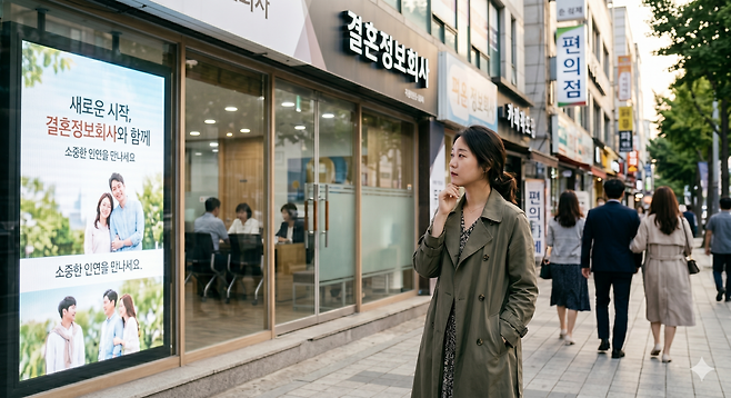 한 여성이 결혼정보회사 앞에서 가입과 상담을 고민하고 있다. 기사 이해를 돕기 위해 생성형 AI ‘제미나이’로 만든 이미지