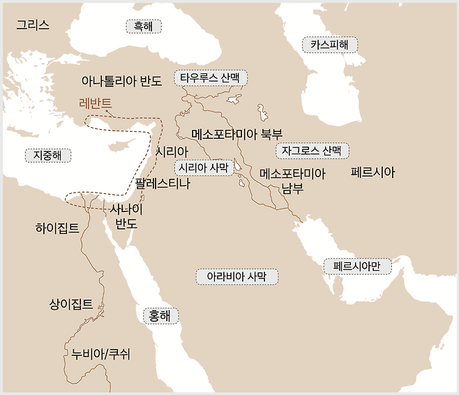 고대근동학이 다루는 지역은 현대의 중동지역과 북아프리카에 이르고, 일부 유럽(그리스), 지중해, 이란, 일부 중앙아시아를 포함한다. 바다, 강, 사막, 고원, 평원, 산맥 등 거의 모든 자연환경을 볼 수 있고, 수많은 민족과 국가가 명멸했다. 이 가운데 나일 강 유역의 고대 이집트와 유프라테스 강과 티그리스 강 주변의 고대 메소포타미아가 중심적인 역할을 맡았다. 지도상에 포함된 모든 지역을 아우르는 개념어로 '고대근동 세계'를 사용할 수 있다. 주원준 제공