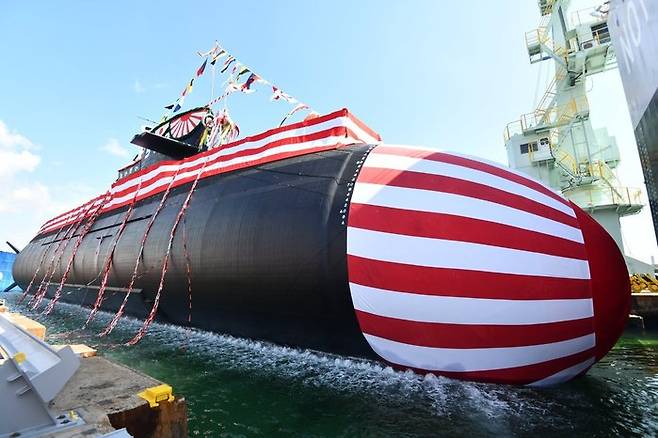 A launch ceremony for the 3,000-ton JS Taigei takes place at the Mitsubishi Heavy Industries Kobe Shipyard in Kobe, Japan, on Oct. 14, 2020. [JAPAN MARITIME SELF-DEFENSE FORCE]