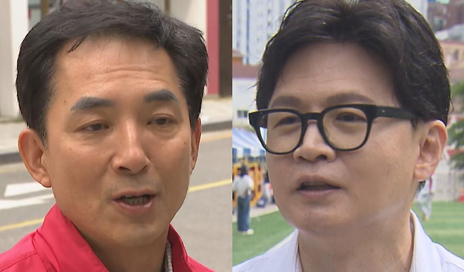 부산 북구갑 국회의원 보궐선거에 출마한 국민의힘 박민식(왼쪽)·무소속 한동훈 예비후보.