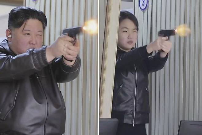 북한 조선중앙TV는 김정은 국무위원장이 딸 주애와 함께 지난 11일 제2경제위원회 산하 중요군수공장을 찾아 신형 권총을 사격하고 현지 지도를 했다고 12일 보도했다. 조선중앙TV 캡처