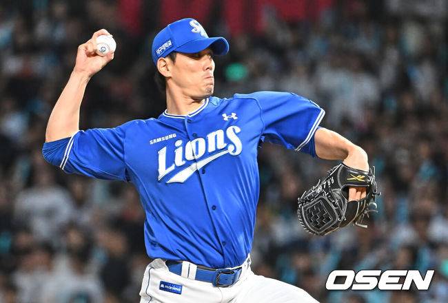 [OSEN=창원, 이석우 기자] 8일 창원NC파크에서 2026 신한 SOL KBO 리그 NC 다이노스와 삼성 라이온즈의 경기가 열렸다. 홈팀 NC는 목지훈이, 방문팀 삼성은 장찬희가 선발 출전했다. 삼성 라이온즈 김재윤이 역투하고 있다. 2026.05.08 / foto0307@osen.co.kr