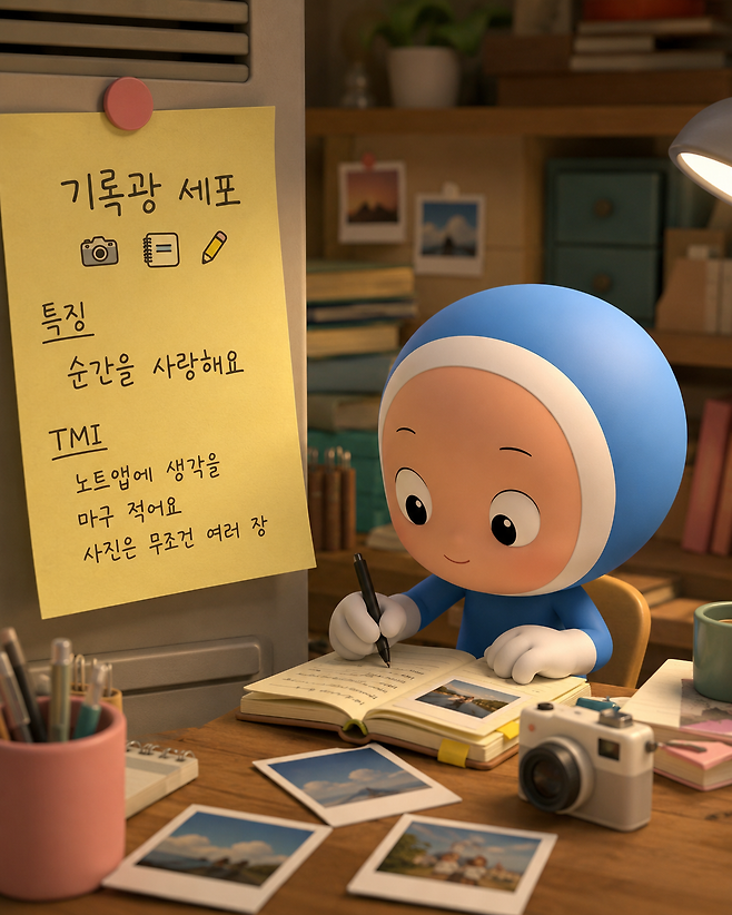 오픈AI의 생성형 인공지능(AI) ‘챗GPT’에게 기자의 ‘프라임 세포’가 무엇인지 묻는 프롬프트(명령어)를 입력하자 ‘기록광 세포’가 나왔다. 이미지는 드라마 ‘유미의 세포들’ 그림체의 세포가 책상 앞에서 메모하는 모습이다. 책상 위에는 필통, 카메라, 사진 3장이 놓여 있다. 기사의 이해를 돕기 위해 오픈AI의 생성형 인공지능(AI) ‘챗GPT’로 생성한 이미지.