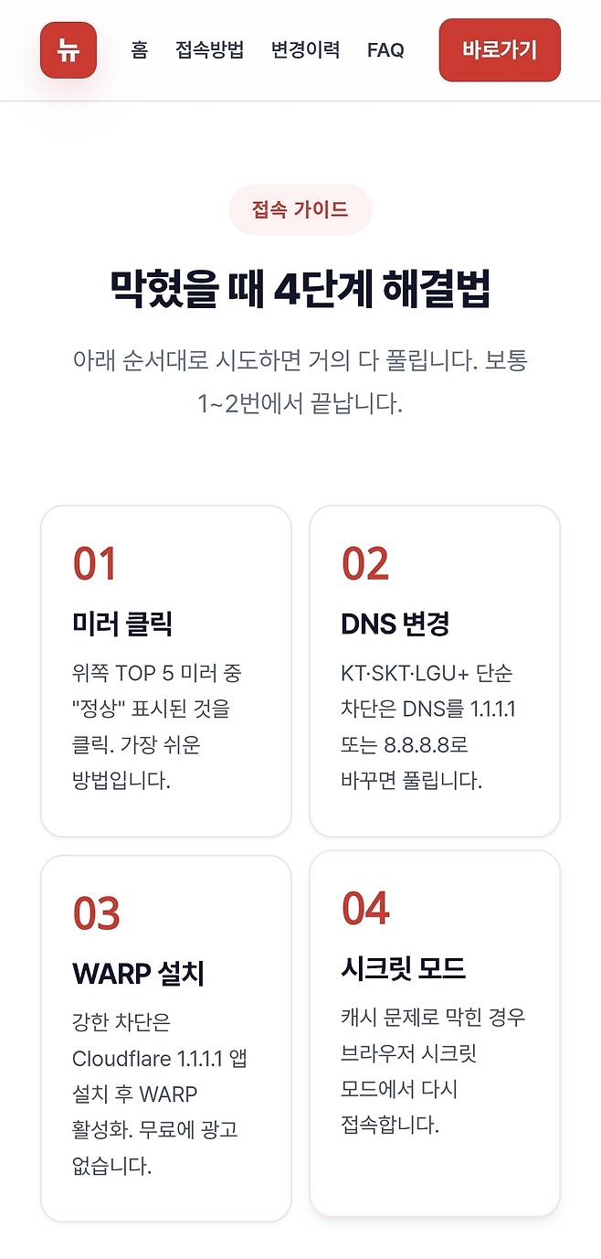 ▲ 사이트 차단 시 DNS 변경과 우회 프로그램(WARP) 설치, 시크릿 모드 접속 방법 등을 안내하는 화면도 확인됐다. /사진=뉴토끼 안내사이트 캡처