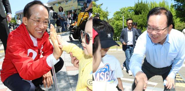 대구시장에 출사표를 던진 더불어민주당 김부겸(오른쪽) 예비후보와 국민의힘 추경호 예비후보가 어린이날인 5일 대구시와 대구시교육청, 매일신문사 공동 주최로 어린이세상 일원에서 열린