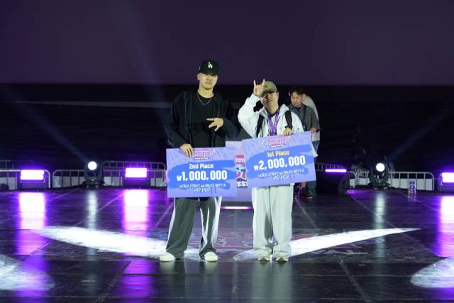 '월드 스트리트 1:1 댄스 배틀 힙합'에서 1위를 차지한 정창현(범블비·서울, 왼쪽)과 2위에 오른 황민규(밍파쇼·부산). 청년문화진흥협회 제공