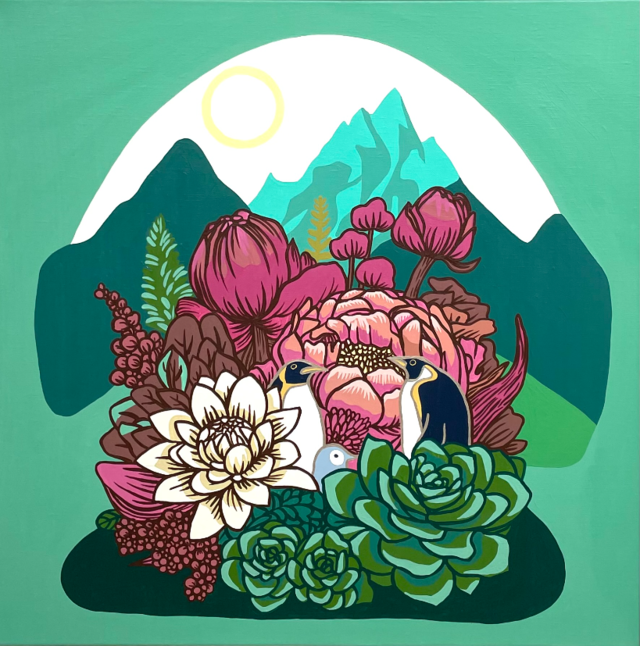 이지원 작, '기명절지화와 펭귄 2', 캔버스에 아크릴, 60x60cm, 2024. 갤러리 청애 제공