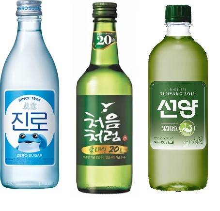 (왼쪽부터)올뉴진로, 처음처럼 클래식 20도, 선양 말차 소주.(각 사 제공)