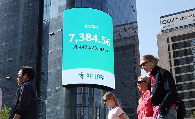 코스피가 사상 처음으로 종가 기준 7,000선을 돌파하며 장을 마친 6일 서울 중구 하나은행 외벽 전광판에 코스피 지수가 나오고 있다.  사진=한국경제신문
