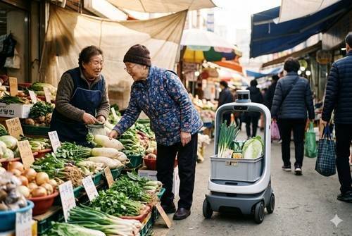 전통시장에 배치된 AI 짐꾼 로봇을 AI로 생성한 이미지. 성남시 제공