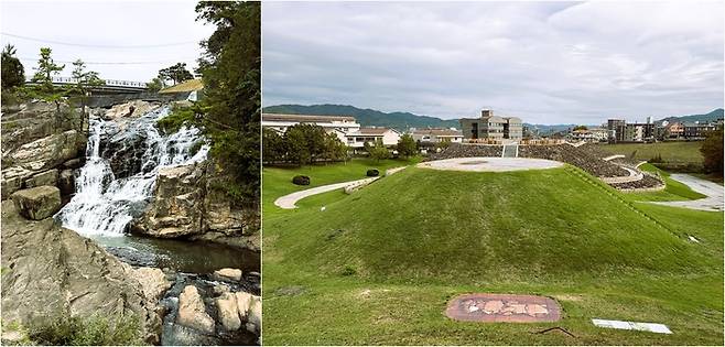 (좌)미나가 수원지 인근 아즈마코 폭포 공원 (우)국가 사적지로 지정된 5세기경 조성된 미쓰성 고분