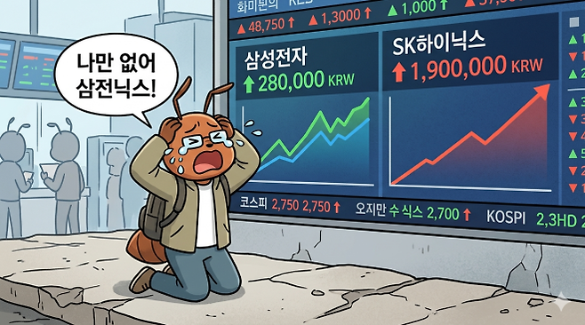 삼성전자가 28만원, SK하이닉스가 190만원을 돌파하며 나란히 신고가를 쓴 11일 두 종목 모두 보유하고 있지 않은 ‘개미’(개인 투자자)가 눈물을 흘리는 모습을 생성형 인공지능(AI) 제미나이가 그린 이미지.