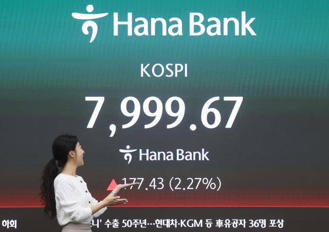 코스피가 장중 7900선을 돌파한 12일 서울 중구 하나은행 딜링룸에서 한 직원이 포즈를 취하고 있다. [사진=연합뉴스]