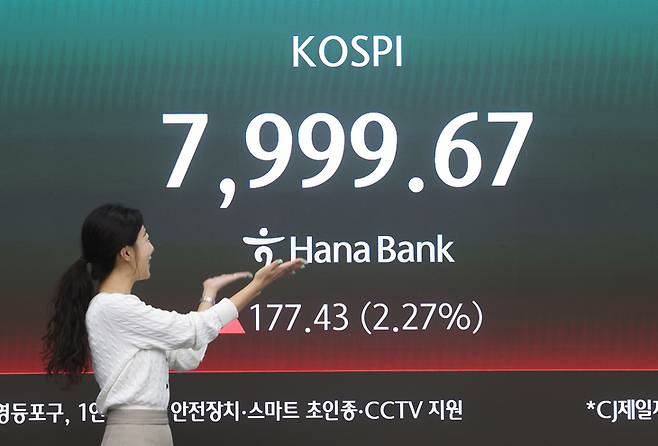 ▲12일 서울 중구 하나은행 딜링룸 현황판에 코스피가 표시돼 있다.