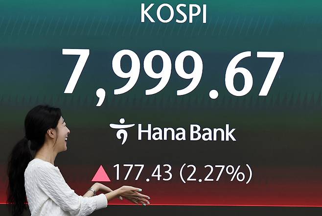 12일 장중 7999.67을 기록한 코스피 지수를 알리는 전광판 모습(사진출처: 뉴스1)