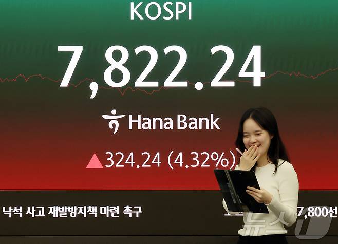 코스피가 사상 최고치를 경신 마감한 11일 오후 서울 중구 하나은행 딜링룸에 코스피 지수가 324.24포인트(4.32%) 상승한 7822.24를 나타내고 있다. 2026.5.11 ⓒ 뉴스1 김진환 기자