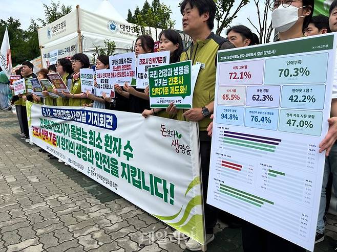 전국보건의료산업노동조합이 12일 서울 여의도 국회 앞에서 '국제 간호사의 날 기자회견'을 개최하고 '2026년 보건의료노동자 정기 실태조사'를 발표했다. ⓒ데일리안 김효경 기자