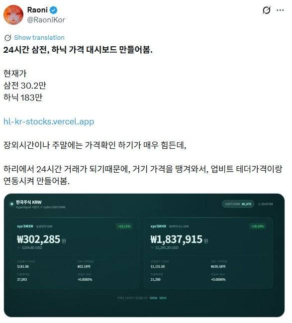 개인 투자자 라오니가 엑스(X·옛 트위터)를 통해 삼성전자·SK하이닉스 가격을 24시간 확인할 수 있는 모니터링 사이트를 공개했다.