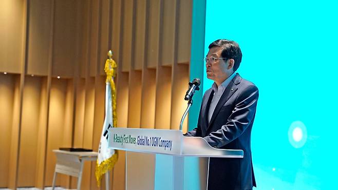 지난 12일 경기판교 코스메카코리아 중앙연구원에서 조임래 코스메카코리아 회장이 기념사를 하고 있다./사진=코스메카코리아