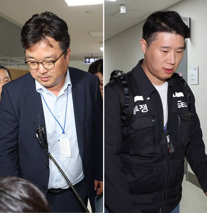 삼성전자 대표교섭위원인 김형로 부사장(왼쪽)과 최승호 초기업노조 삼성전자지부 위원장이 13일 새벽 세종시 정부세종청사 중앙노동위원회에서 2026년 임금협약 체결을 위한 2차 사후조정이 결렬된 후 협상장을 각각 떠나고 있다.(사진=연합뉴스)