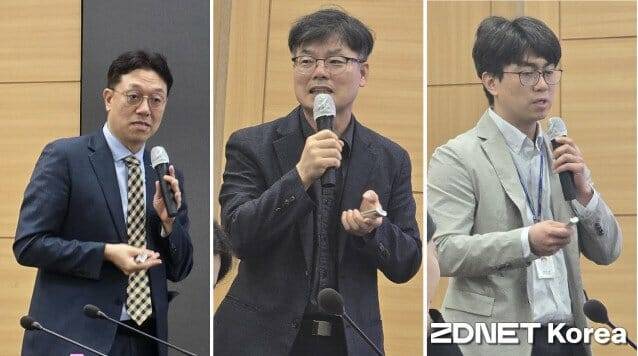12일 발표중인 한국지질자원연구원 연구진. 왼쪽부터 정경우 자원활용연구본부장, 임재수 우주행성지질연구실장, 최이레 활성지구조연구센터 선임연구원.(사진=지디넷코리아)