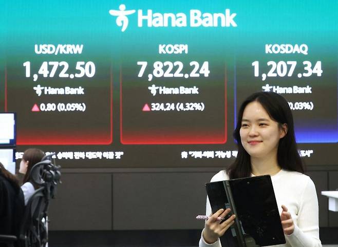 코스피가 4% 넘게 급등해 사상 최초로 7,800대로 마감한 지난 11일 서울 중구 하나은행 본점 딜링룸 현황판에 코스피 등이 표시되고 있다. 연합뉴스