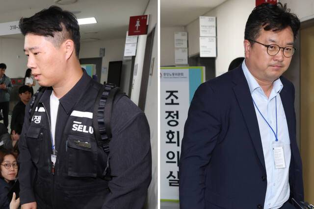 삼성전자 대표교섭위원인 김형로 부사장(오른쪽)과 최승호 초기업노조 삼성전자지부 위원장(왼쪽)이 13일 새벽 세종시 정부세종청사 중앙노동위원회에서 2026년 임금협약 체결을 위한 2차 사후조정이 결렬된 후 각각 협상장을 떠나고 있다. 연합뉴스