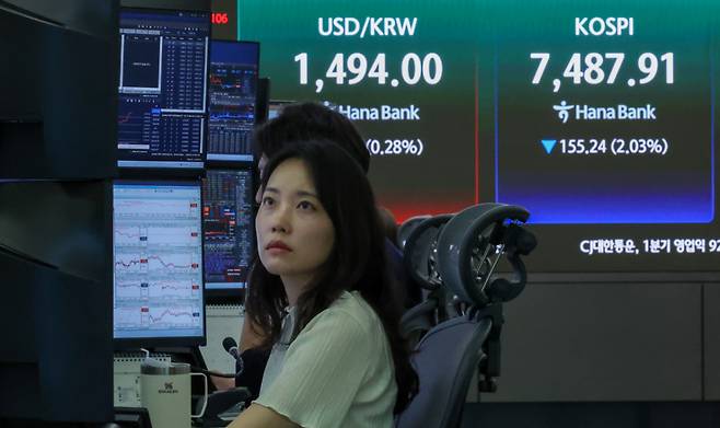 (서울=뉴스1) 이종수 인턴기자 = 코스피가 장 초반 7500선 아래로 밀린 13일 서울 중구 하나은행 딜링룸 전광판에 코스피 지수, 원·달러 환율이 표시돼 있다. 이날 코스피는 전 거래일 대비 129.50포인트 하락한 7513.65로 출발했다. 2026.5.13/뉴스1  Copyright (C) 뉴스1. All rights reserved. 무단 전재 및 재배포,  AI학습 이용 금지. /사진=(서울=뉴스1) 이종수 인턴기자